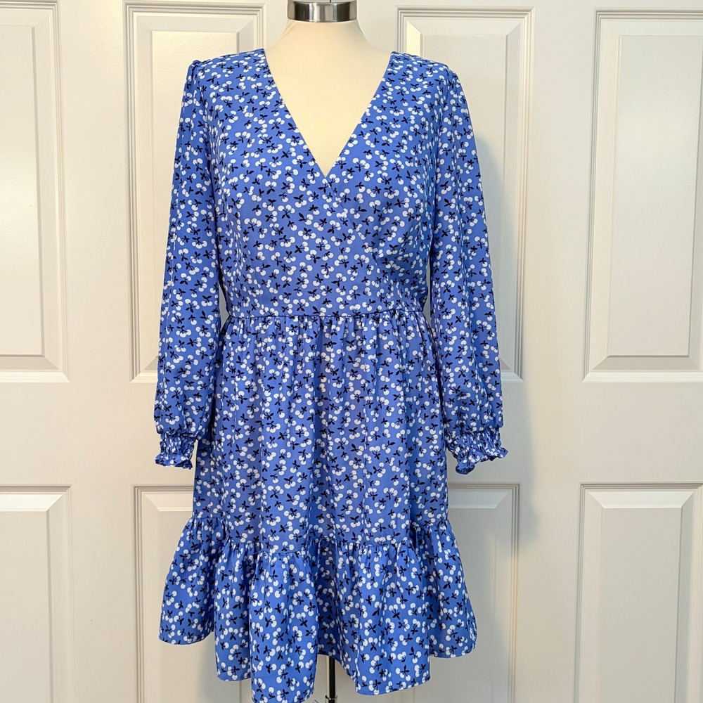 Eliza J Blue Cherry Print V-Neck Ruffle Hem Long Sleeve Mini Dress Womens 10